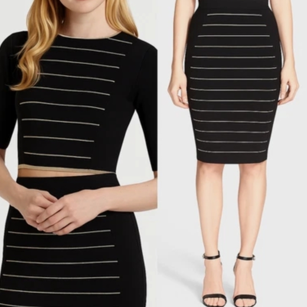 Ted Baker Black Pencil Skirt And Top with Metallic Stripe Detail